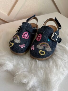 Jellypop Navy Denim Clog Sandals with Rainbow & Heart Patches